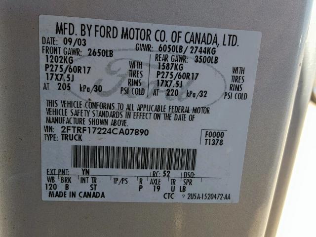 2FTRF17224CA07890 - 2004 FORD F-150 HERI SILVER photo 10