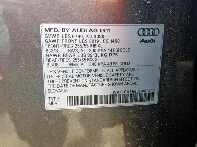 WA1LGAFE8CD000417 - 2012 AUDI Q7 PREMIUM GRAY photo 10