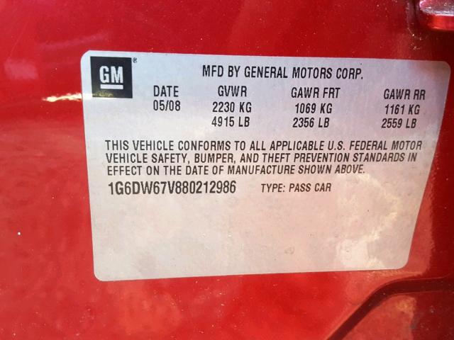 1G6DW67V880212986 - 2008 CADILLAC STS RED photo 10