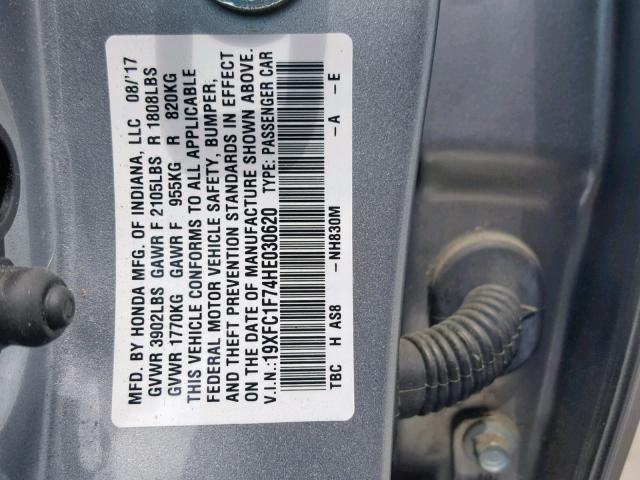 19XFC1F74HE030620 - 2017 HONDA CIVIC EXL 银色 照片 10