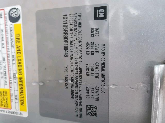 1G11D5RR9DF109446 - 2013 CHEVROLET MALIBU 1LT 银色 照片 10