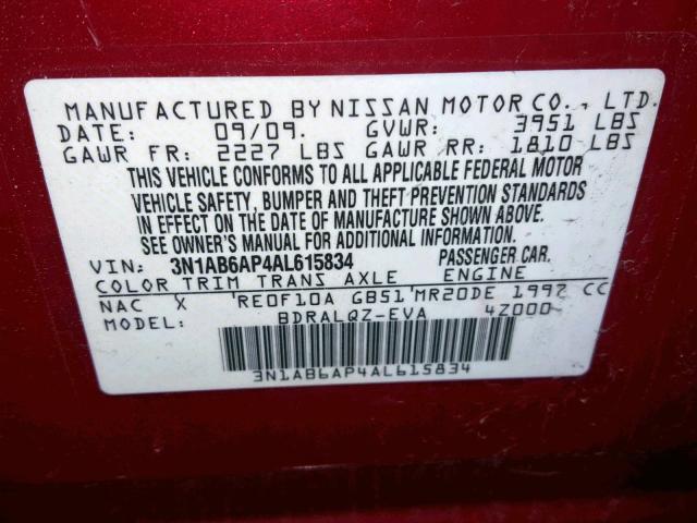 3N1AB6AP4AL615834 - 2010 NISSAN SENTRA 2.0 RED photo 10