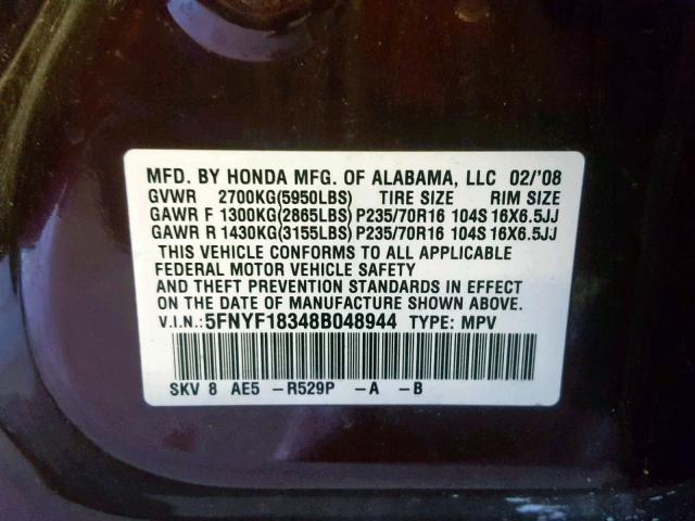 5FNYF18348B048944 - 2008 HONDA PILOT SE MAROON photo 10