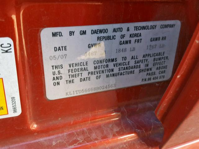 KL1TD56668B024563 - 2008 CHEVROLET AVEO BASE წითელი ფოტო 10