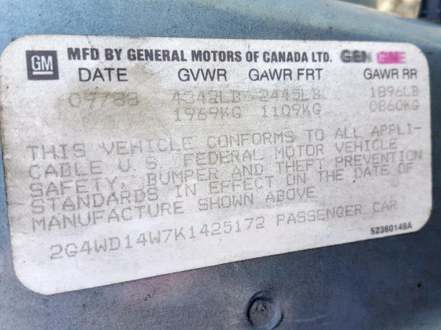 2G4WD14W7K1425172 - 1989 BUICK REGAL LIMI BLUE photo 10