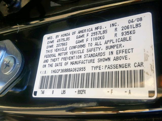 1HGCP36888A062955 - 2008 HONDA ACCORD EXL BLACK photo 10