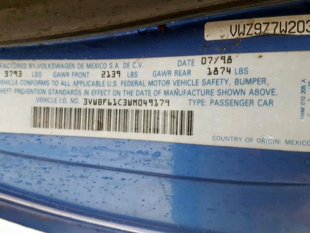 3VWBF61C3WM049179 - 1998 VOLKSWAGEN NEW BEETLE ლურჯი ფოტო 10