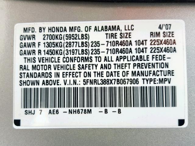 5FNRL388X7B067906 - 2007 HONDA ODYSSEY TO SILVER photo 10