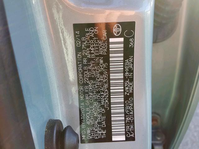 JTDKN3DP8E3059175 - 2014 TOYOTA PRIUS PLUG GREEN photo 10