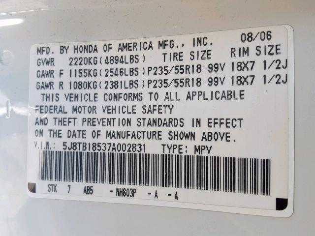 5J8TB18537A002831 - 2007 ACURA RDX TECHNO WHITE photo 10