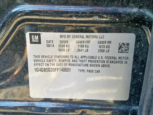 1G4GB5G30FF140881 - 2015 BUICK LACROSSE BLACK photo 10