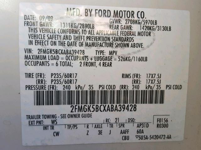 2FMGK5BCXABA39428 - 2010 FORD FLEX SE WHITE photo 10