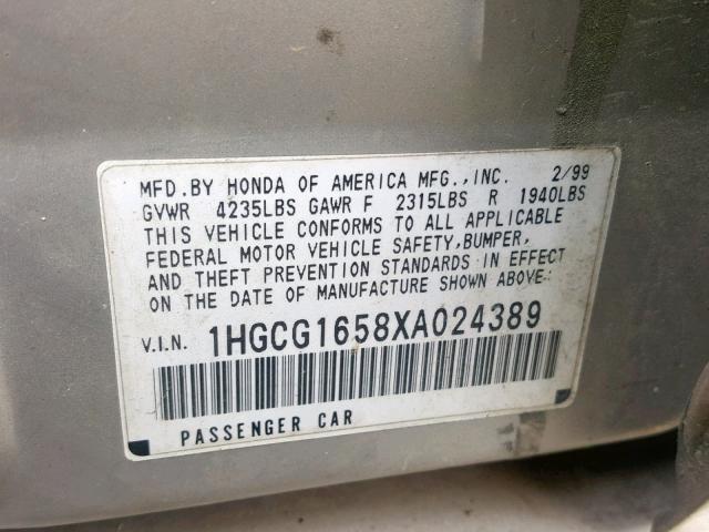 1HGCG1658XA024389 - 1999 HONDA ACCORD EX SILVER photo 10