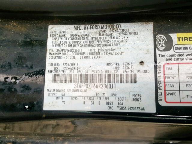 3FAFP07166R236011 - 2006 FORD FUSION SE BLACK photo 10