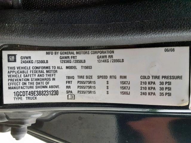 1GCDT49E388231230 - 2008 CHEVROLET COLORADO L BLACK photo 10