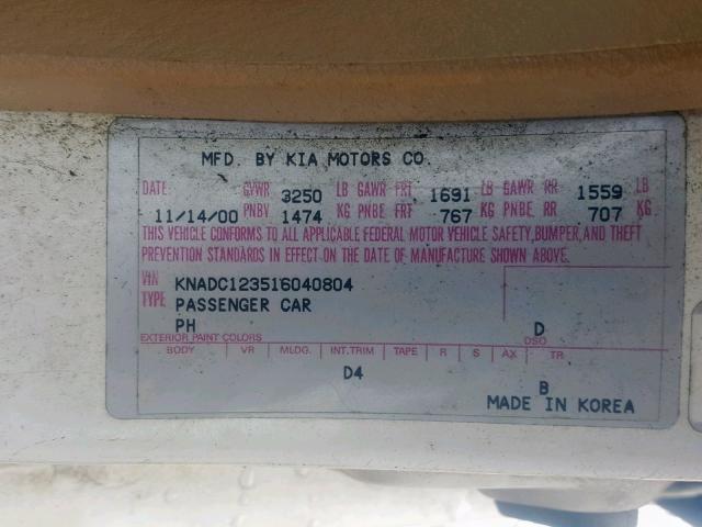 KNADC123516040804 - 2001 KIA RIO WHITE photo 10