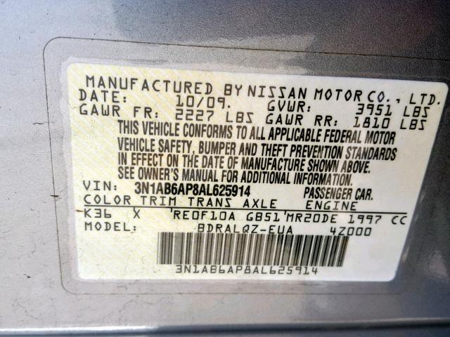 3N1AB6AP8AL625914 - 2010 NISSAN SENTRA 2.0 SILVER photo 10