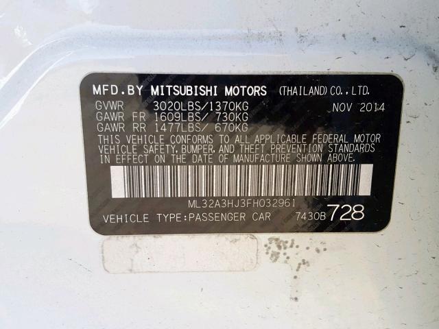 ML32A3HJ3FH032961 - 2015 MITSUBISHI MIRAGE DE WHITE photo 10