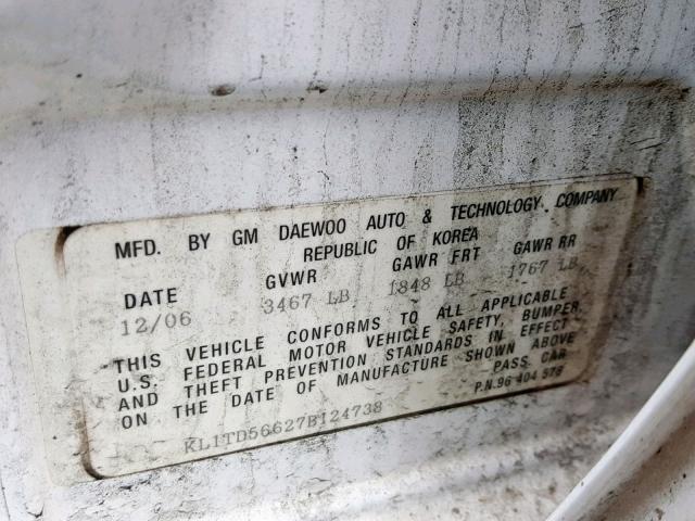 KL1TD56627B124738 - 2007 CHEVROLET AVEO BASE შავი ფოტო 10