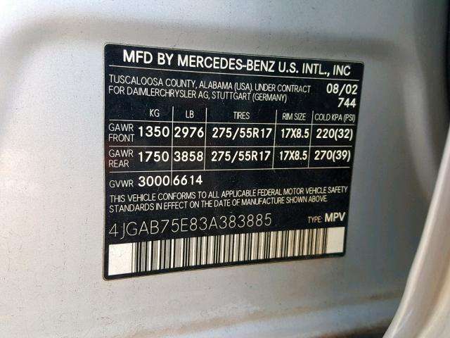 4JGAB75E83A383885 - 2003 MERCEDES-BENZ ML 500 SILVER photo 10