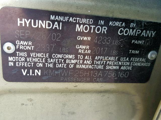 KMHWF25H13A756160 - 2003 HYUNDAI SONATA GL GOLD photo 10