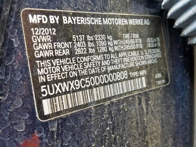 5UXWX9C50D0D00808 - 2013 BMW X3 XDRIVE2 BLUE photo 10