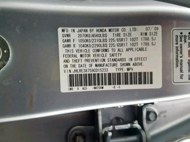 JHLRE38759C015233 - 2009 HONDA CR-V EXL GRAY photo 10