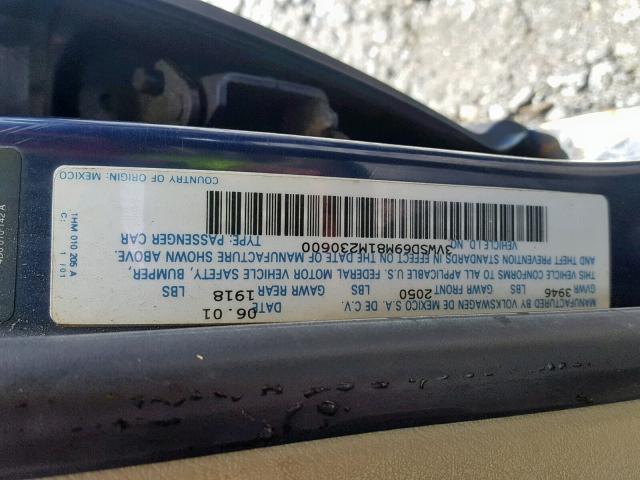 3VWSD69M81M230600 - 2001 VOLKSWAGEN JETTA GLS BLUE photo 10