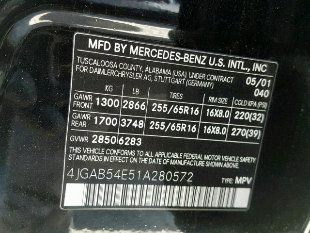 4JGAB54E51A280572 - 2001 MERCEDES-BENZ ML 320 BLACK photo 10