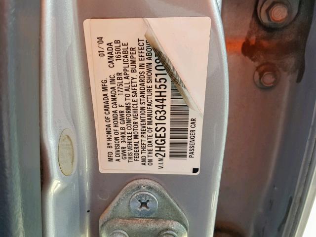 2HGES16344H551087 - 2004 HONDA CIVIC DX V SILVER photo 10