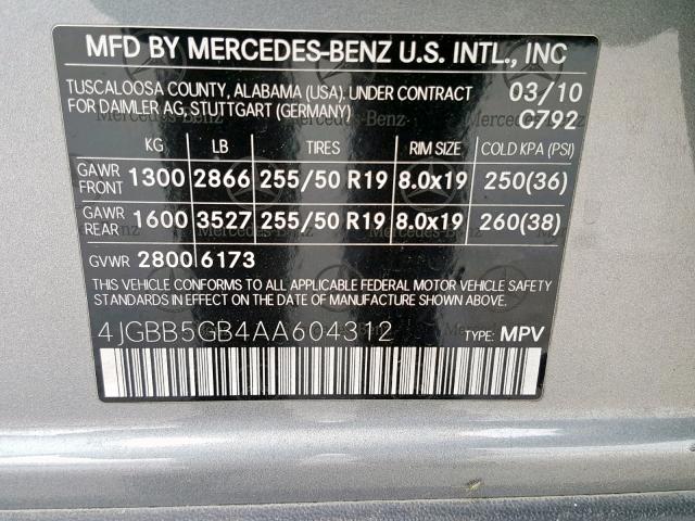 4JGBB5GB4AA604312 - 2010 MERCEDES-BENZ ML 350 GRAY photo 10