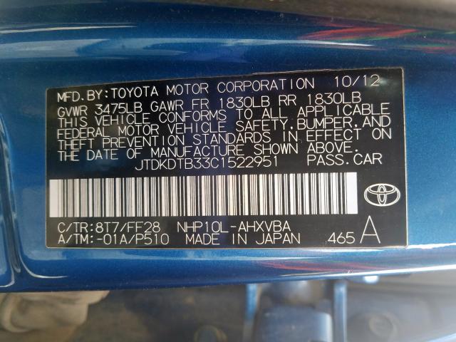 JTDKDTB33C1522951 - 2012 TOYOTA PRIUS C  photo 10