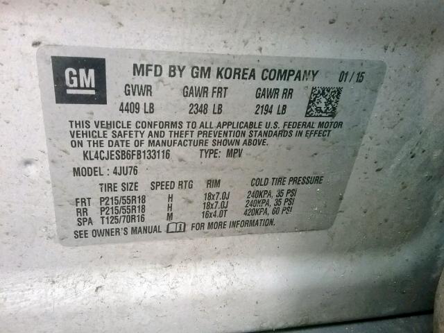 KL4CJESB6FB133116 - 2015 BUICK ENCORE SILVER photo 10