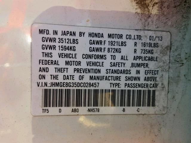 JHMGE8G35DC028457 - 2013 HONDA FIT WHITE photo 10