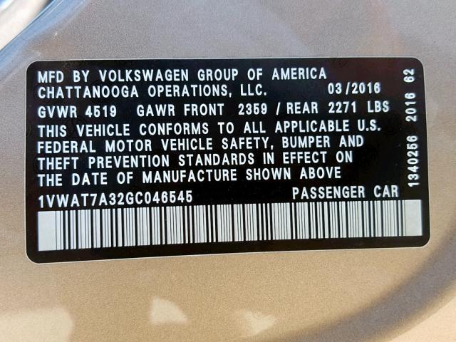 1VWAT7A32GC046545 - 2016 VOLKSWAGEN PASSAT S GOLD photo 10