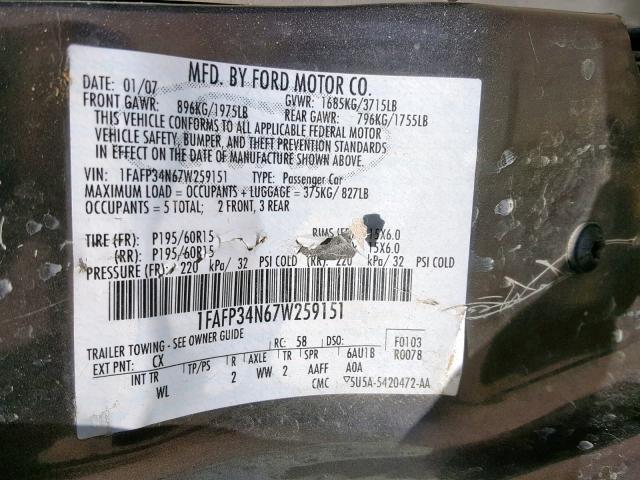 1FAFP34N67W259151 - 2007 FORD FOCUS ZX4 GRAY photo 10