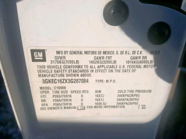 3GKEC16ZX3G287084 - 2003 GMC YUKON XL C WHITE photo 10