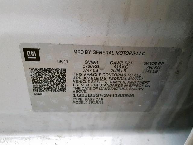 1G1JB5SH3H4163849 - 2017 CHEVROLET SONIC LS SILVER photo 10