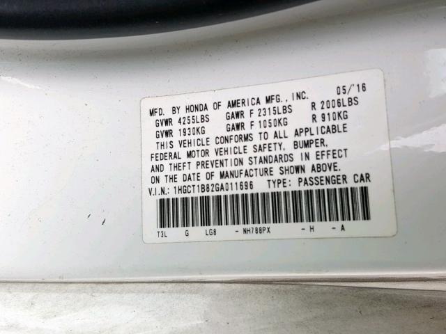 1HGCT1B82GA011696 - 2016 HONDA ACCORD EXL WHITE photo 10