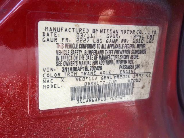 3N1AB6AP1BL702429 - 2011 NISSAN SENTRA 2.0 RED photo 10