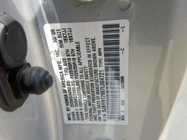 5J6YH17997L004721 - 2007 HONDA ELEMENT SC SILVER photo 10