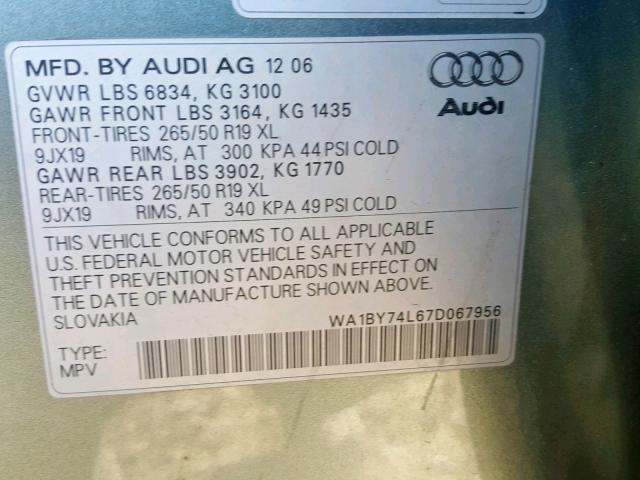 WA1BY74L67D067956 - 2007 AUDI Q7 3.6 QUA TEAL photo 10