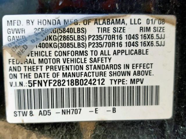 5FNYF28218B024212 - 2008 HONDA PILOT VP BLACK photo 10