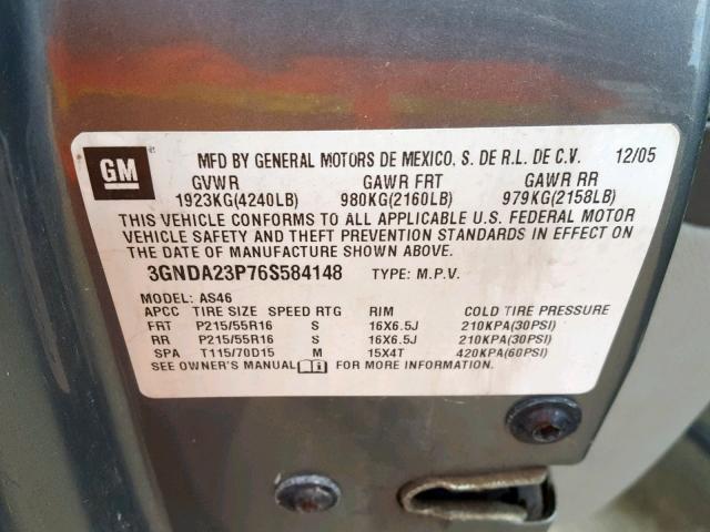 3GNDA23P76S584148 - 2006 CHEVROLET HHR LT GRAY photo 10