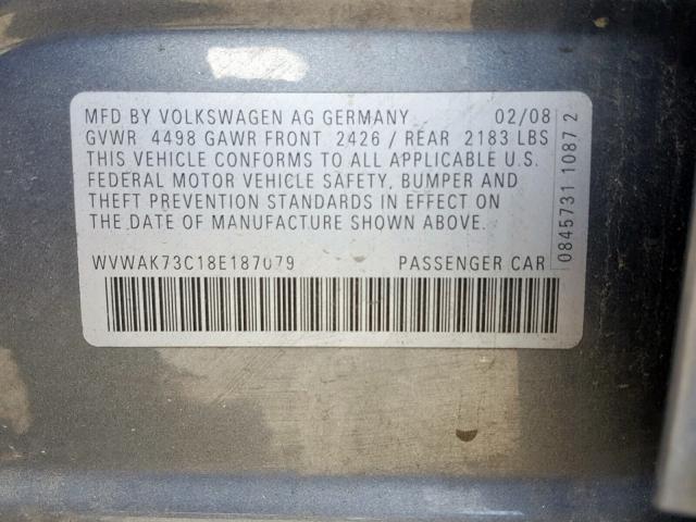 WVWAK73C18E187079 - 2008 VOLKSWAGEN PASSAT KOM CHARCOAL photo 10