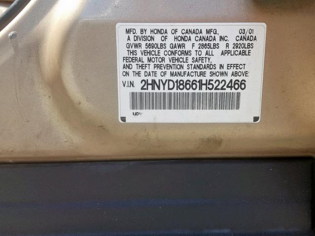 2HNYD18661H522466 - 2001 ACURA MDX TOURIN BEIGE photo 10