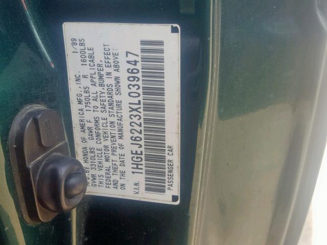 1HGEJ6223XL039647 - 1999 HONDA CIVIC DX GREEN photo 10