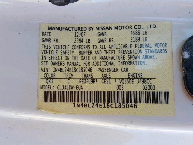 1N4BL24E18C185046 - 2008 NISSAN ALTIMA 3.5 WHITE photo 10