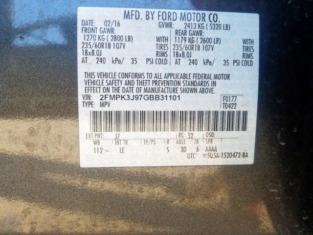 2FMPK3J97GBB31101 - 2016 FORD EDGE SEL  photo 10