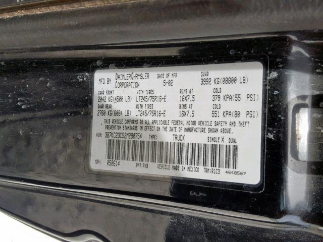 3B7KC23C52M290754 - 2002 DODGE RAM 2500 BLACK photo 10